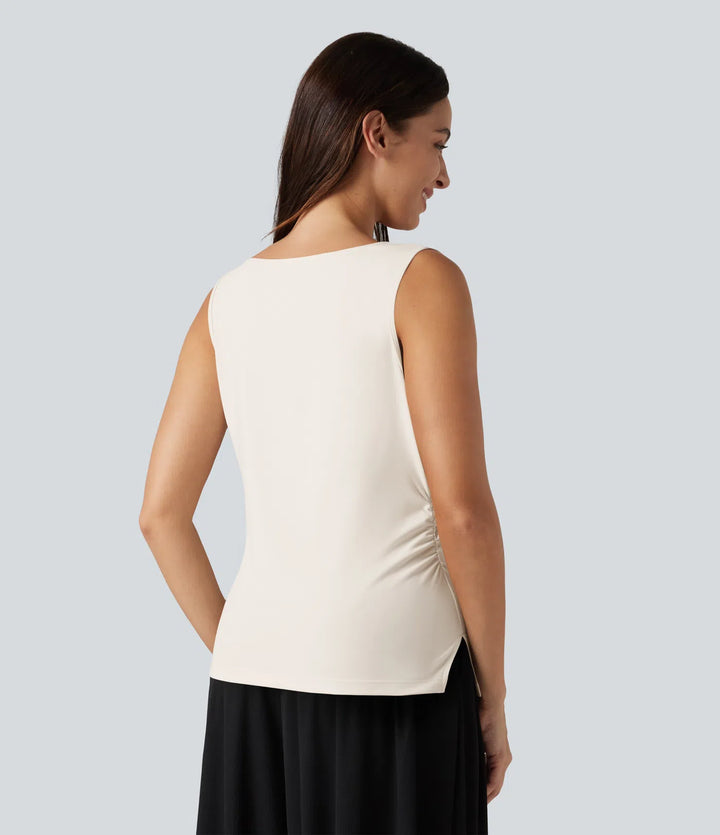 Asymmetric Cowl Neck Sleeveless Ruched Split Hem Work Top