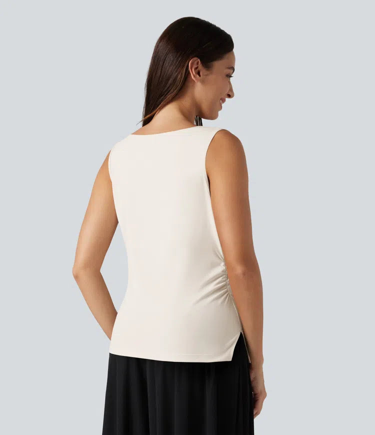 Asymmetric Cowl Neck Sleeveless Ruched Split Hem Work Top