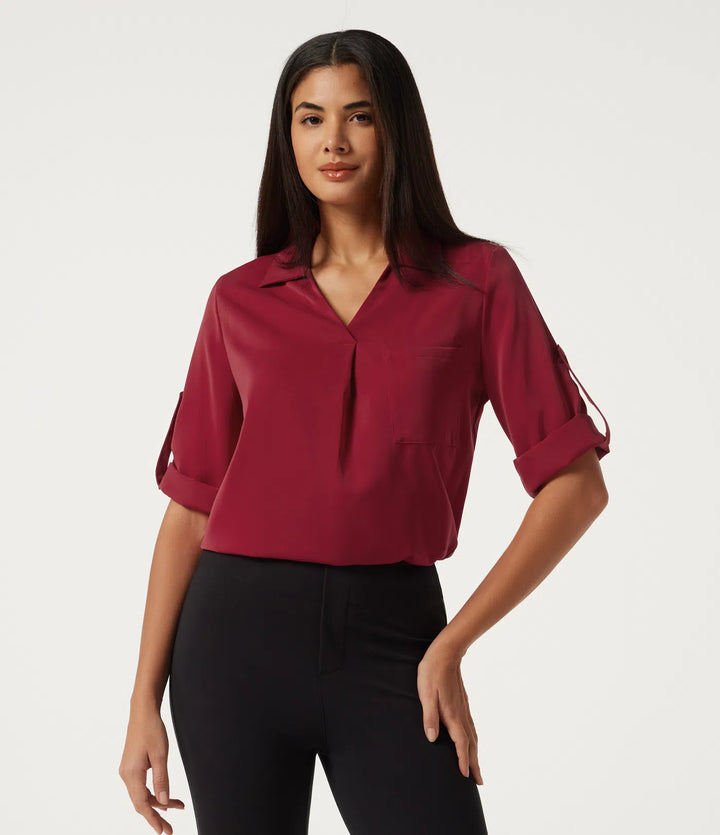 Wrinkle Recovery V Neck Long Sleeve Work Shirt with Pocket