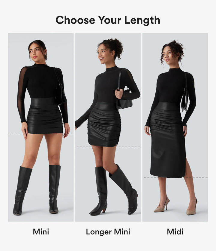 High Waisted Tummy Control Ruched Curved Hem 2-in-1 Fleece PU Mini Bodycon Party Skirt-Longer Length