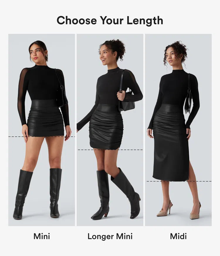 High Waisted Tummy Control Ruched Curved Hem 2-in-1 Fleece PU Mini Bodycon Party Skirt-Longer Length
