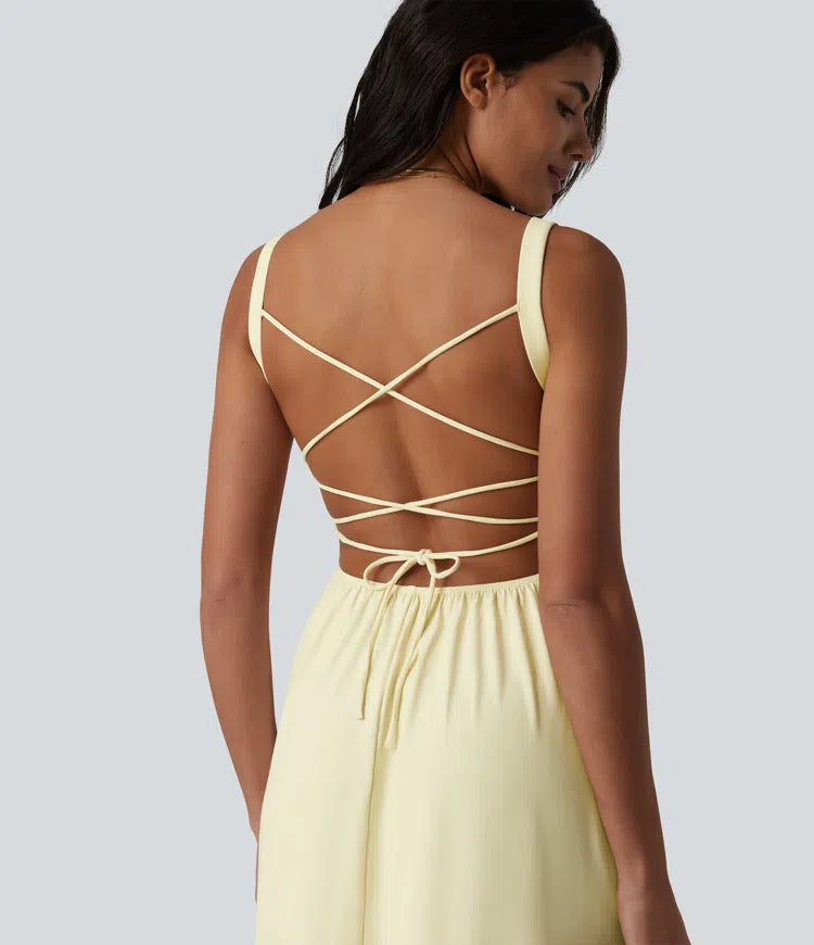 Crisscross Backless Square Neck Sleeveless Ruched Built-in Bra Midi Resort Flowy Milkmaid Dress