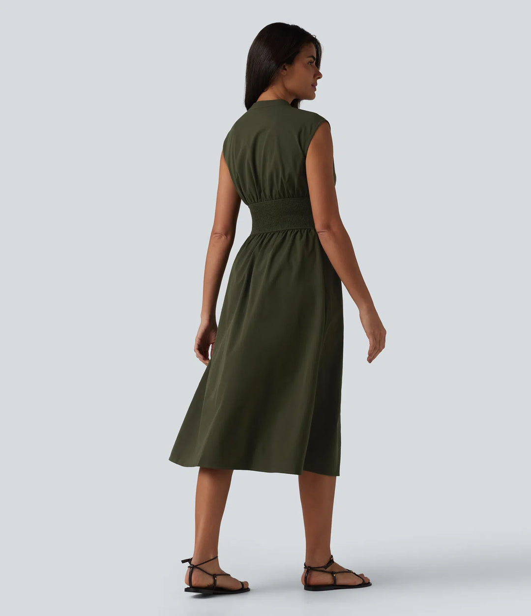 V Neck Sleeveless 2-Way Zipper Midi Work Dress with Pockets