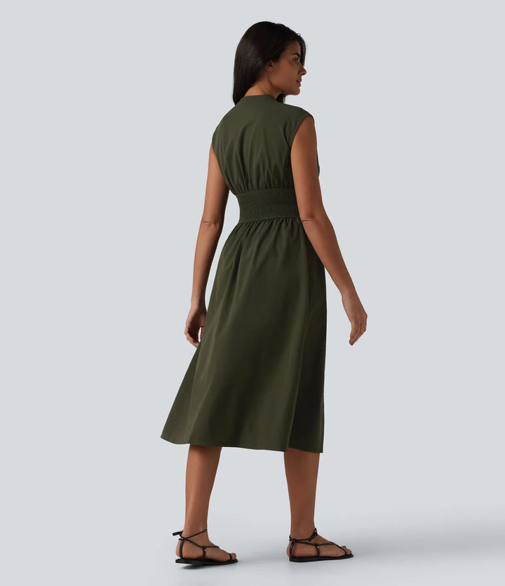 V Neck Sleeveless 2-Way Zipper Midi Work Dress with Pockets