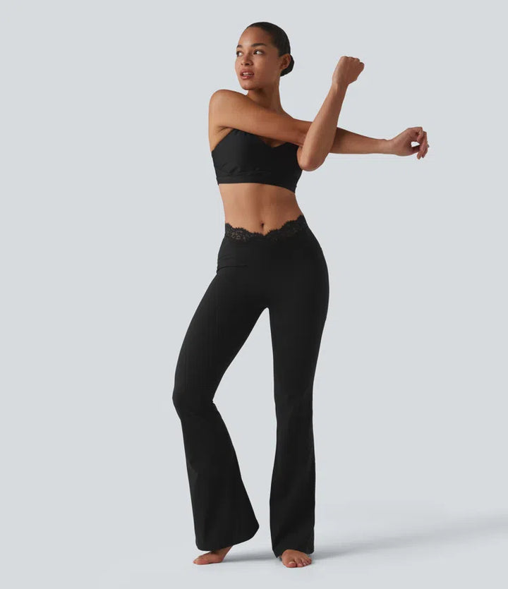 Halara UltraSculpt V-Shaped High Waisted Contrast Lace Yoga Flare Leggings with Pockets