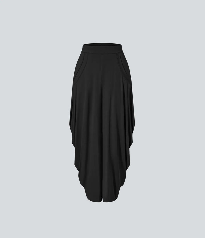 Mid Rise Pockets Draped Wide Leg Baggy Casual Pants