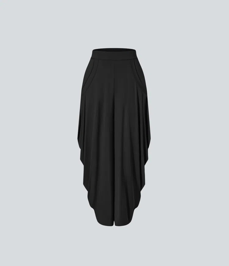 Mid Rise Pockets Draped Wide Leg Baggy Casual Pants