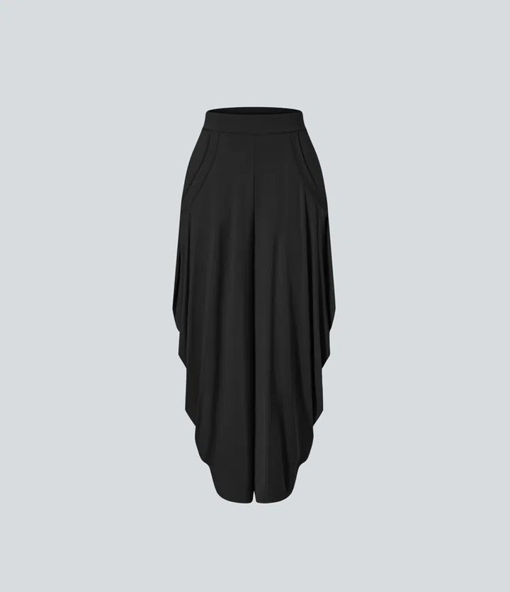 Mid Rise Pockets Draped Wide Leg Baggy Casual Pants