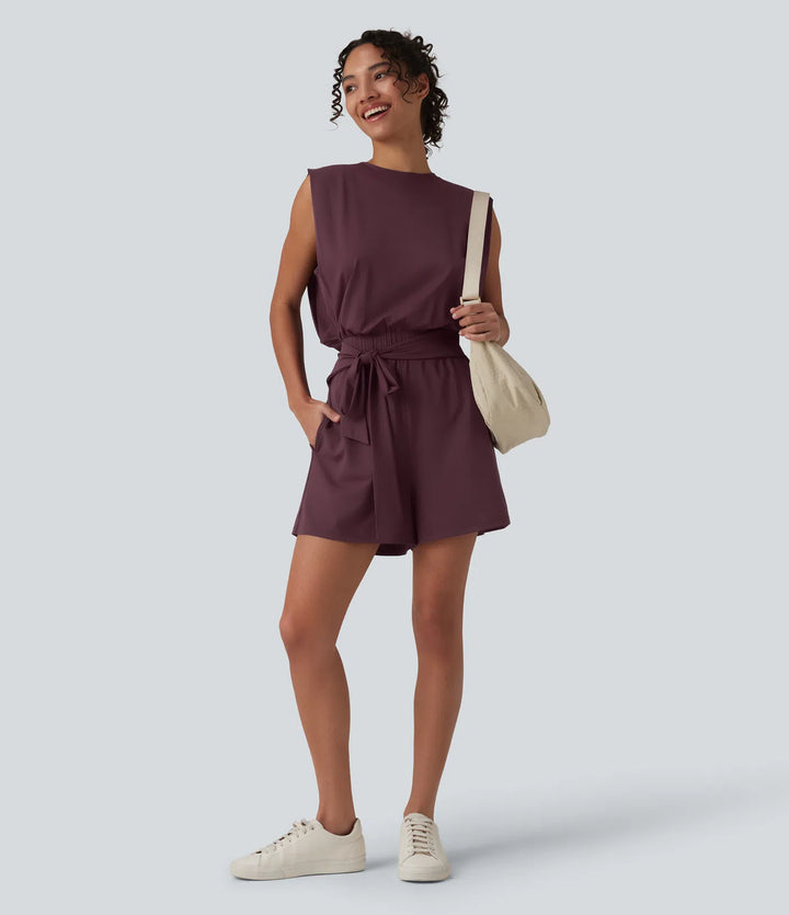 Round Neck Sleeveless Tie-front Cool Touch Casual Romper with Pockets-Easy Peezy-UPF50+
