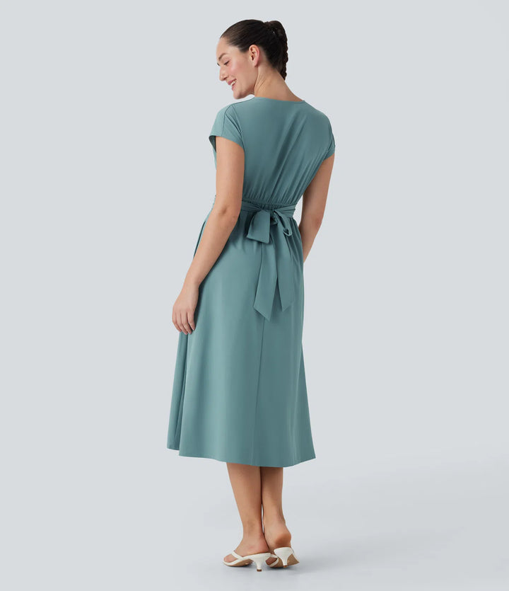 Breezeful V Neck Short Sleeve Pocket Tie Back Quick Dry Midi Casual Dress