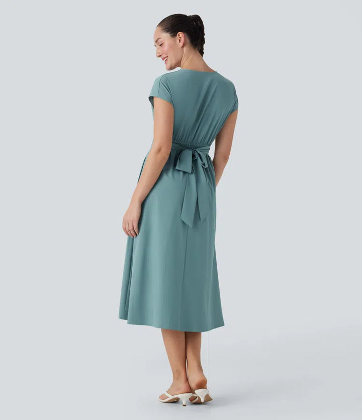 Breezeful V Neck Short Sleeve Pocket Tie Back Quick Dry Midi Casual Dress