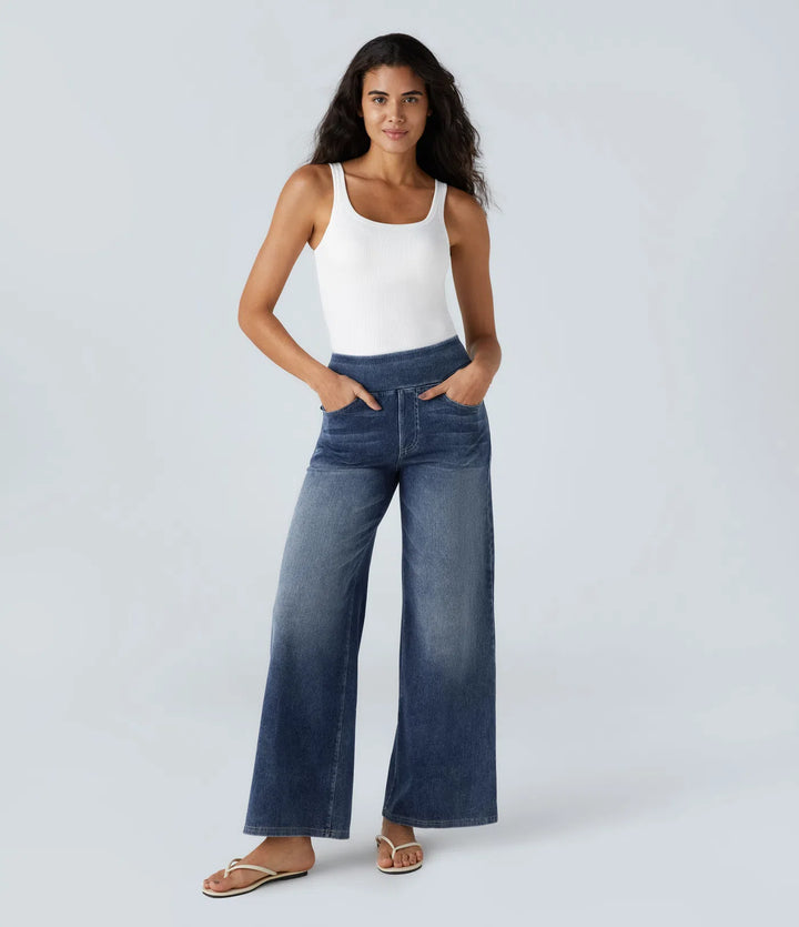 Halara Flex High Waisted Pockets Baggy Wide Leg Washed Casual Jeans