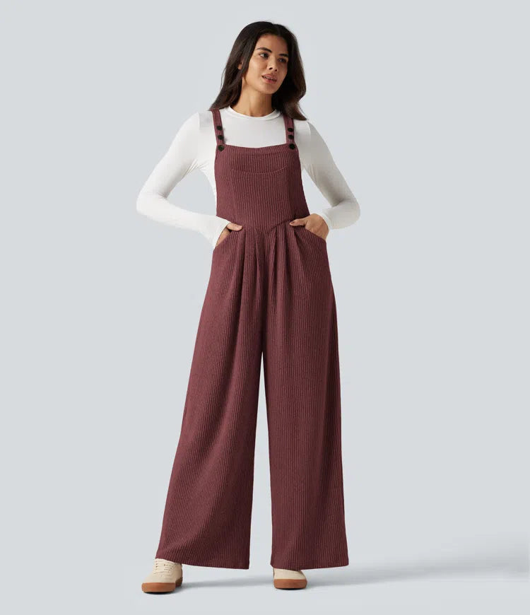 Ribbed Knit Casual Overalls with Pockets
