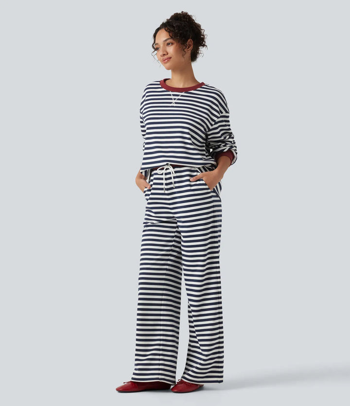 Round Neck Long Sleeve Striped Lounging Sweatshirt
