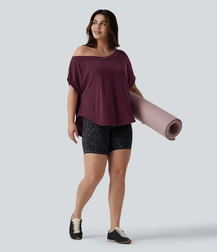 Plus Size One Shoulder Short Sleeve Curved Hem Quick Dry Yoga Sports Top with Built-in Bra