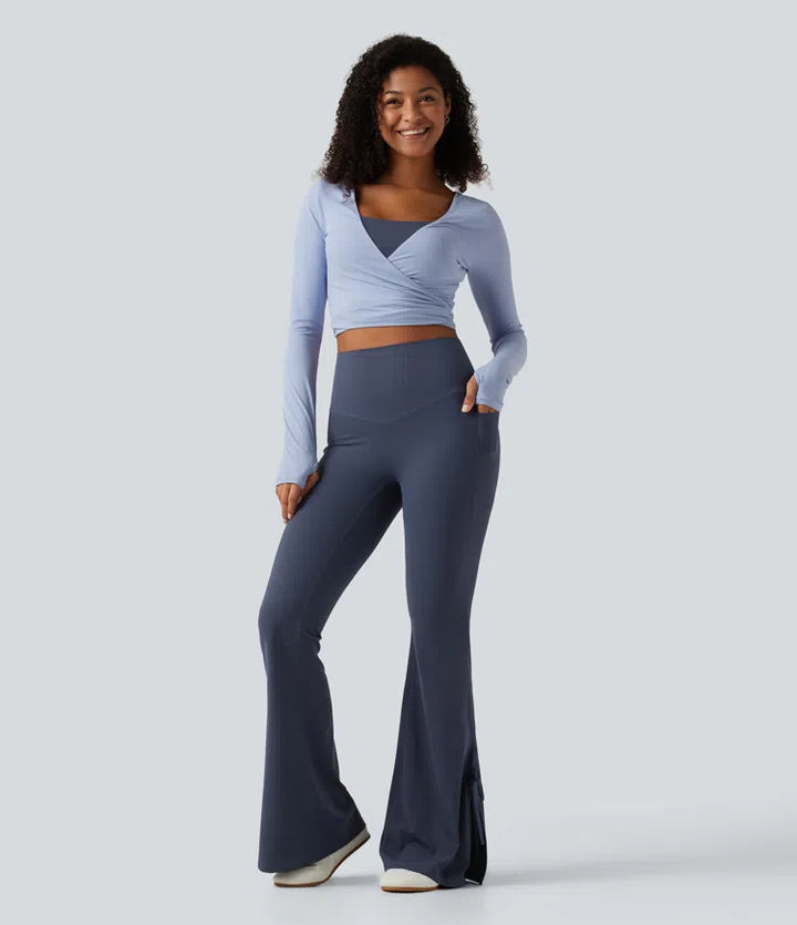 Halara UltraSculpt High Waisted Lace Up Flare Yoga Leggings with Pockets
