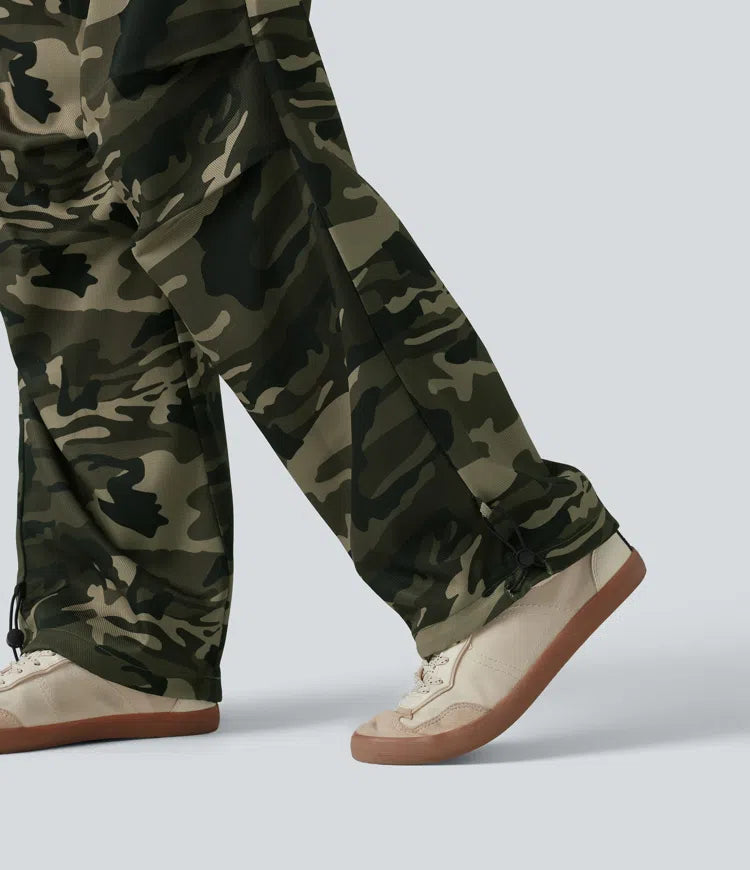 Mid Rise Drawstring Camo Casual Cargo Baggy Pants with Pockets