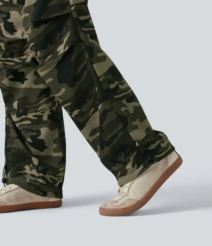 Mid Rise Drawstring Camo Casual Cargo Baggy Pants with Pockets