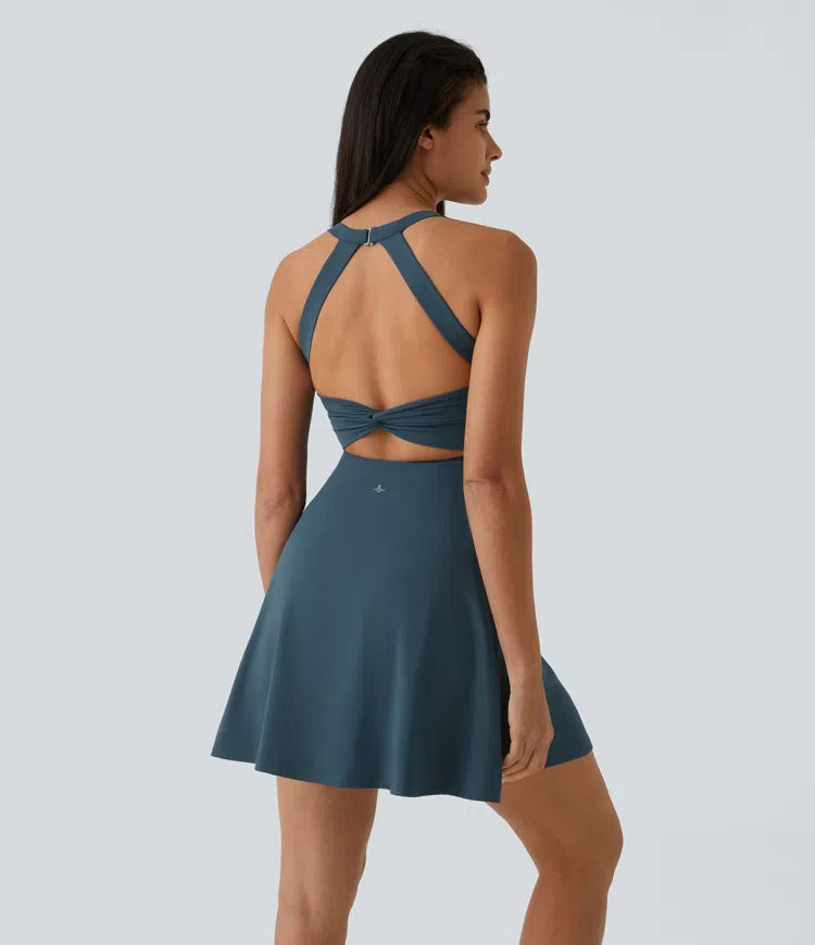 SoftlyZero Airy Backless Twisted Flare Low Support Dance Active Dress-Longer Length-Easy Peezy Edition A-D Cups