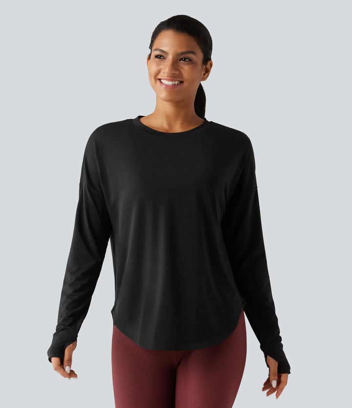 Round Neck Long Sleeve Thumb Hole Built-in Bra Quick Dry Yoga Sports Top