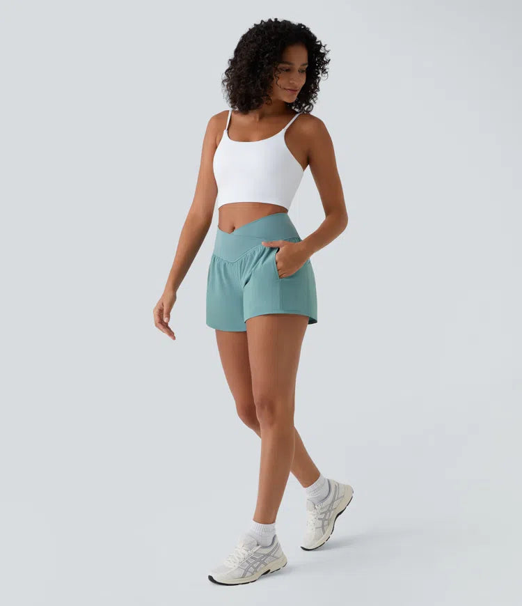 Breezeful High Waisted Crossover Pocket 2-in-1 Quick Dry Yoga Shorts 4"