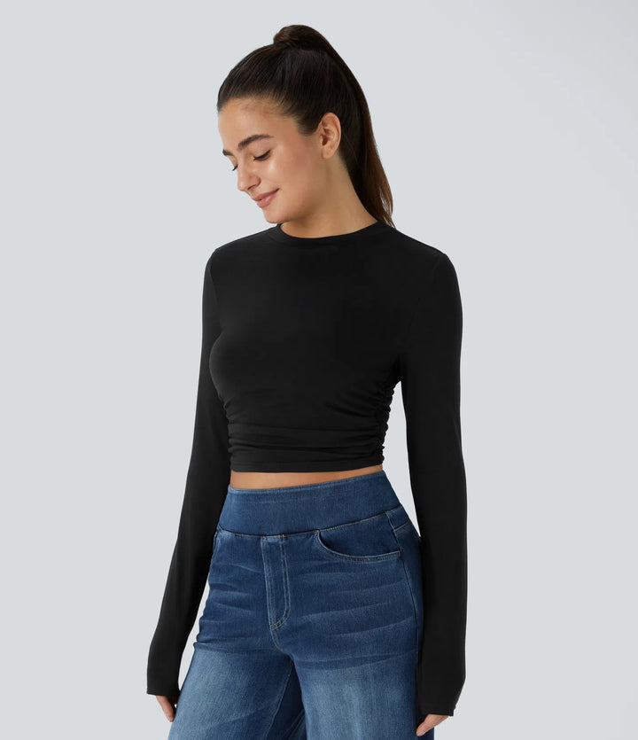 Round Neck Long Sleeve Ruched Skinny Cropped Casual Top