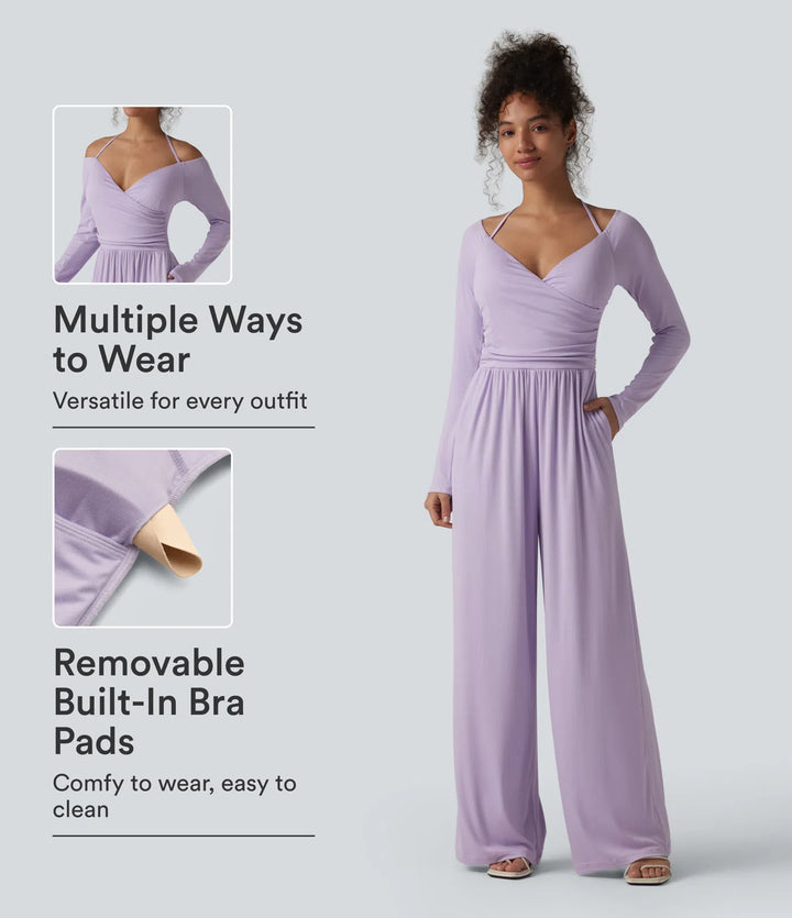 Ribbed Halter Tie Back Off Shoulder Built-in Bra Long Sleeve Casual Jumpsuit with Pockets