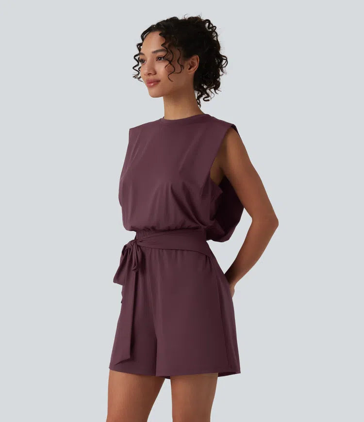 Round Neck Sleeveless Tie-front Cool Touch Casual Romper with Pockets-Easy Peezy-UPF50+