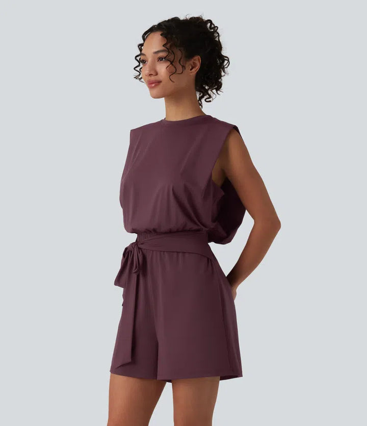 Round Neck Sleeveless Tie-front Cool Touch Casual Romper with Pockets-Easy Peezy-UPF50+