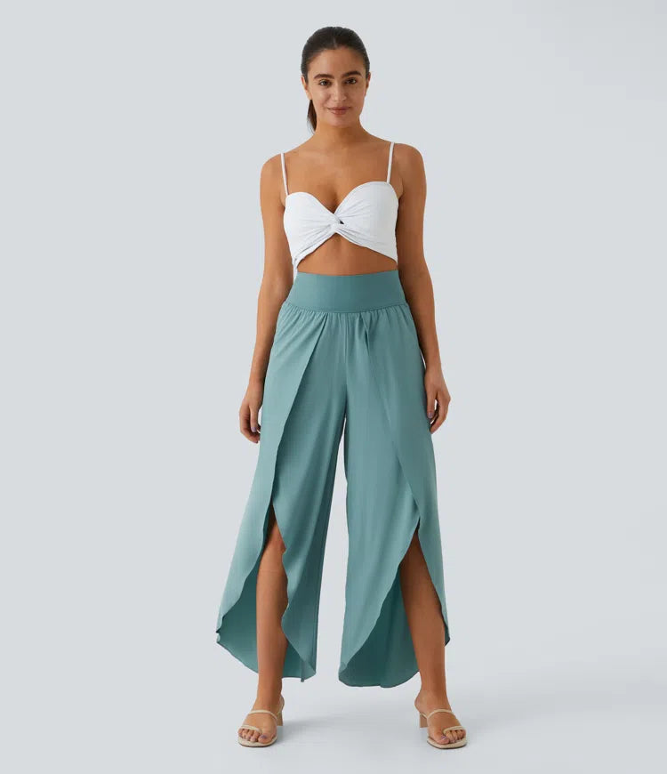 Breezeful High Waisted Back Waistband Pocket Palazzo Flowy Wide Leg Quick Dry Casual Pants