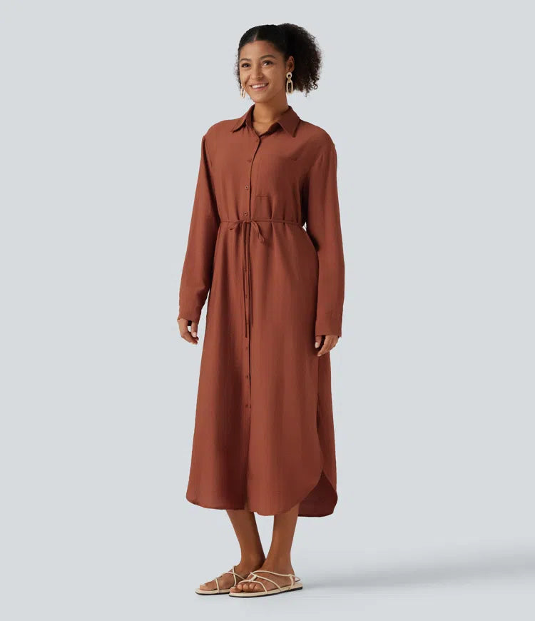 Collar Long Sleeve Belted Curved Split Hem Midi Casual Shirt Dress with Pockets
