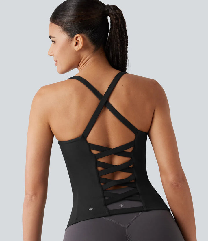 Crisscross Backless Built-in Bra Running Tank Top-Longer Length A-D Cups