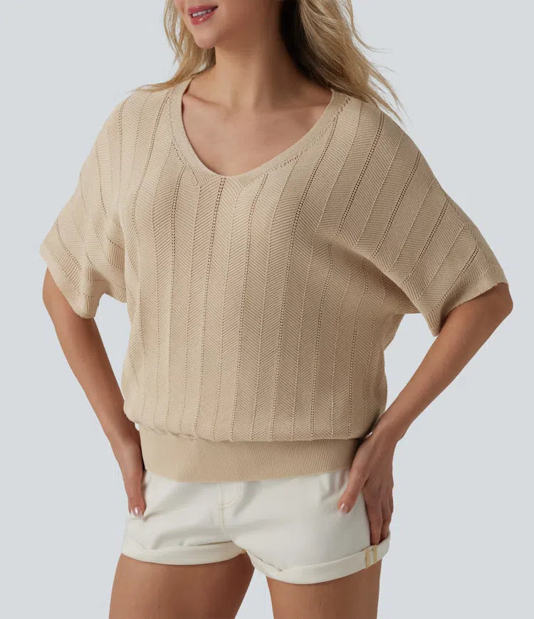 V Neck Short Sleeve Casual Sweater
