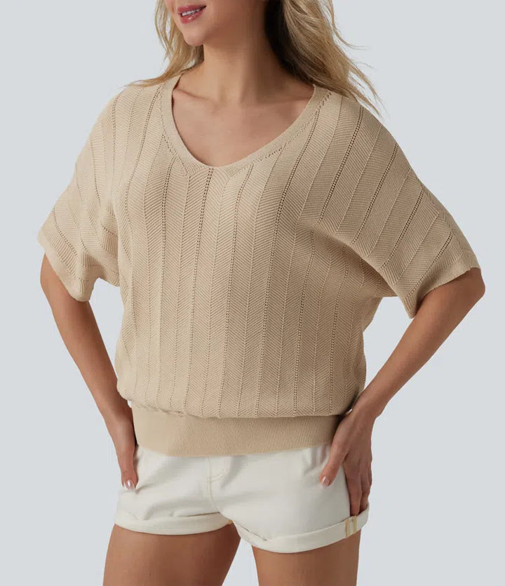 V Neck Short Sleeve Casual Sweater