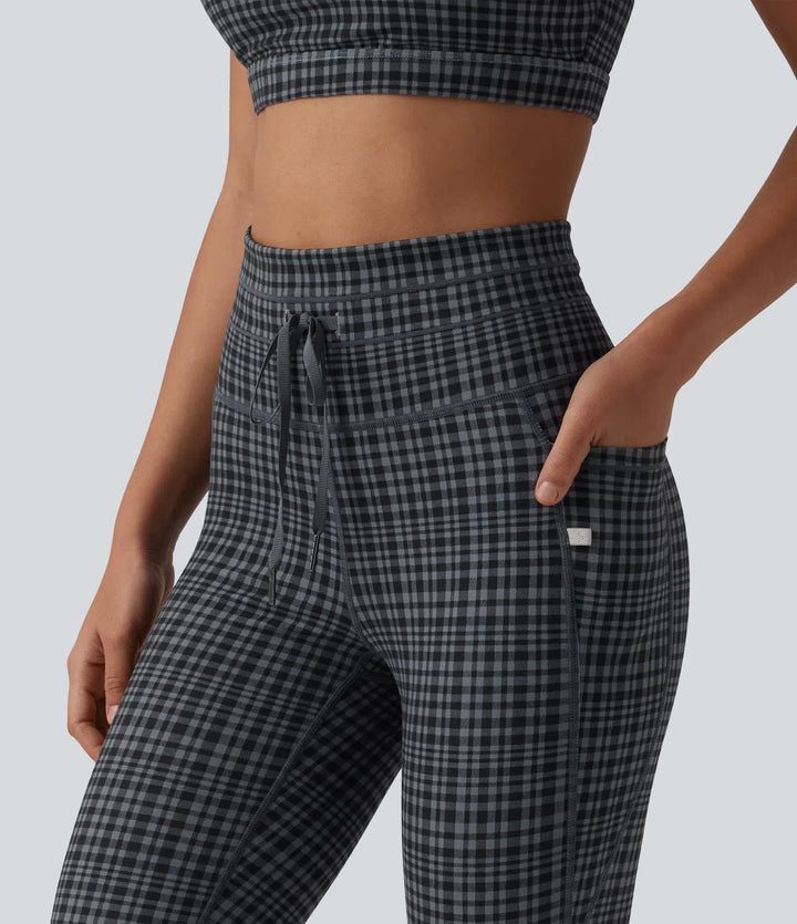 Halara UltraSculpt Check Plaid Print High Waisted Drawstring Yoga Leggings with Pockets