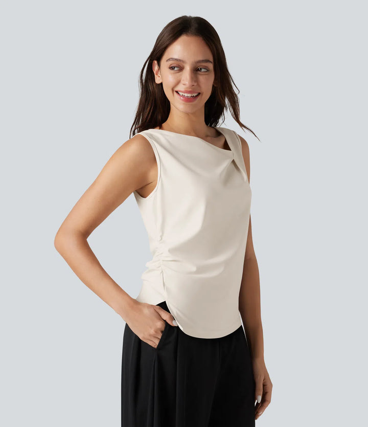 Asymmetric Cowl Neck Sleeveless Ruched Split Hem Work Top