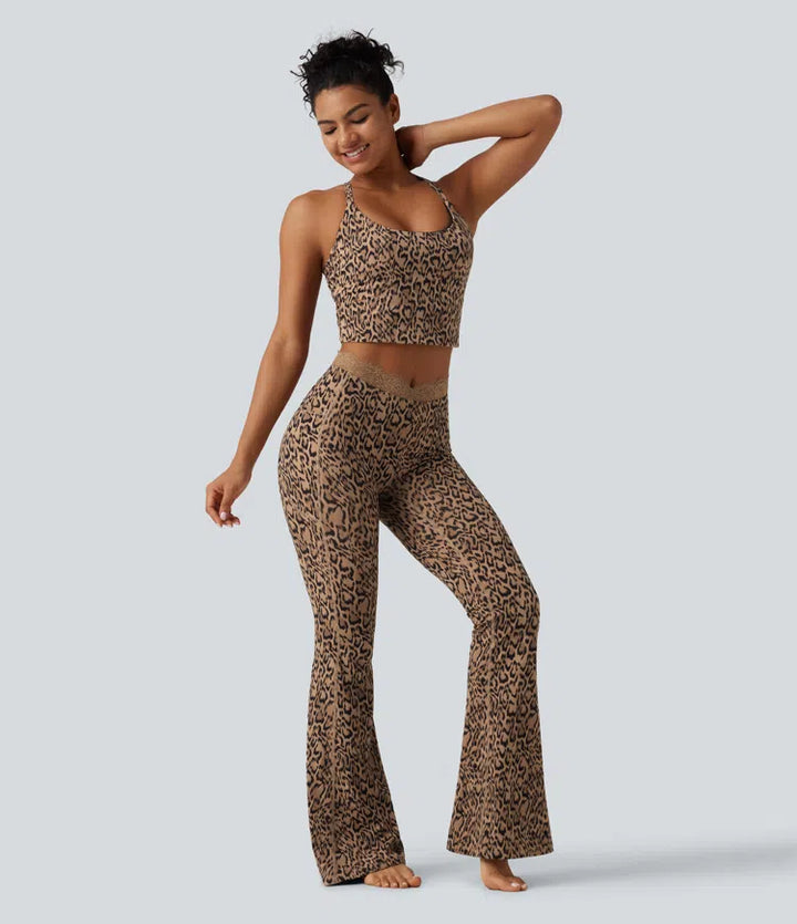 Halara UltraSculpt Leopard Print V-Shaped High Waisted Contrast Lace Yoga Flare Leggings with Pockets