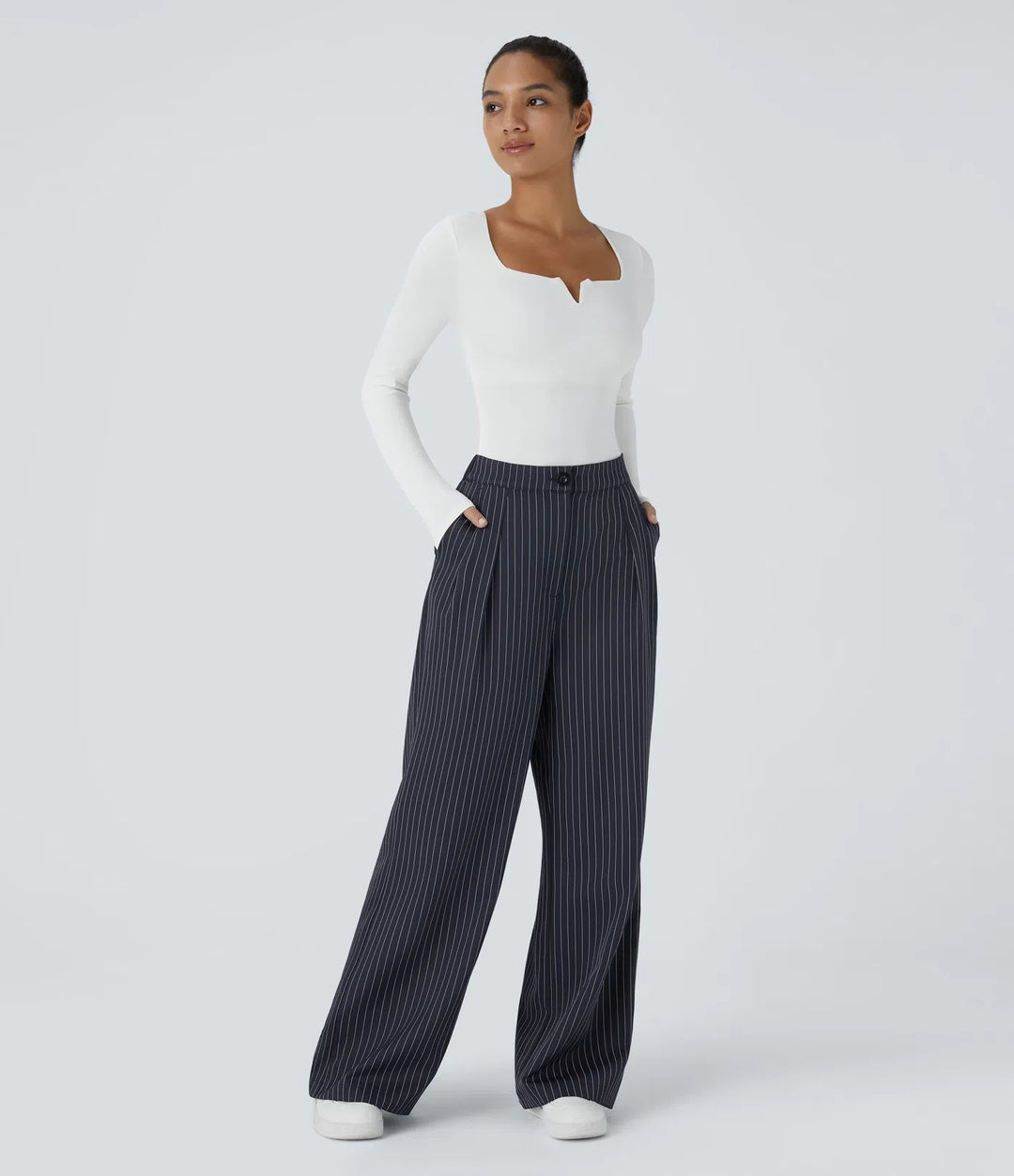 High Waisted Zipper Pocket Wide Leg Baggy Striped Work Pants
