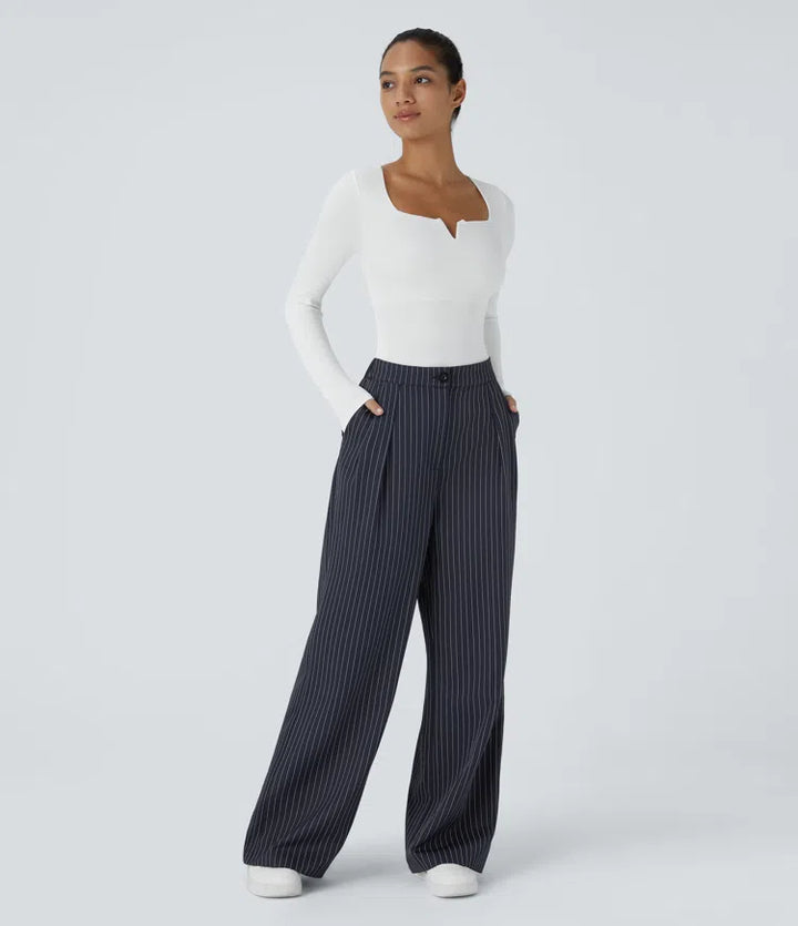 High Waisted Zipper Pocket Wide Leg Baggy Striped Work Pants