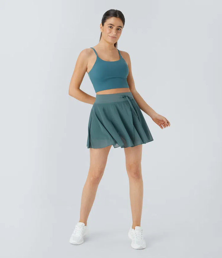 High Waisted Drawstring Contrast Mesh 2-in-1 Pocket Flowy Mini Flare Casual Skirt