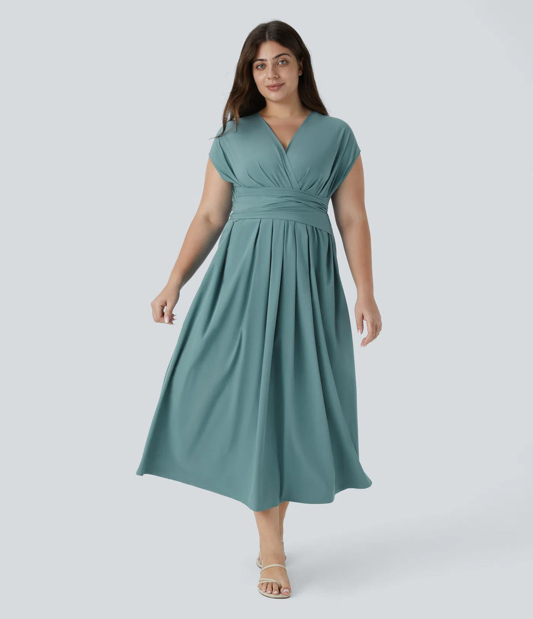 Breezeful V Neck Short Sleeve Pocket Tie Back Quick Dry Midi Casual Plus Size Dress