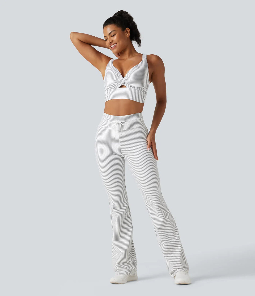 High Waisted Drawstring Stripe Flare Yoga Pants with Pockets