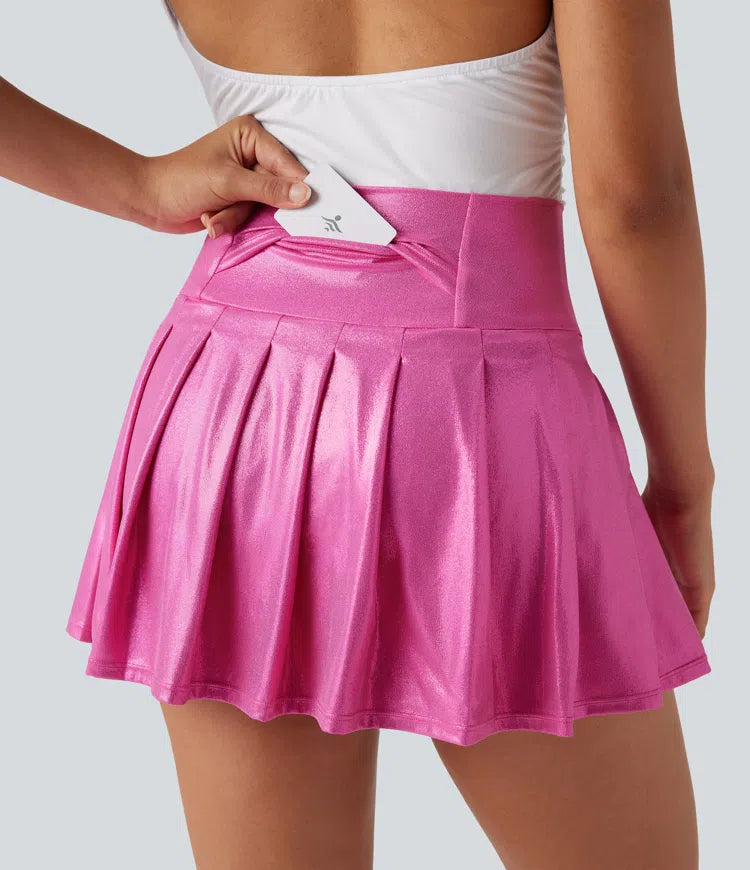 SoftlyZero Faux Leather High Waisted 2-in-1 Pleated Sparkle Foil Print Stretchy Mini Skirt with Pockets