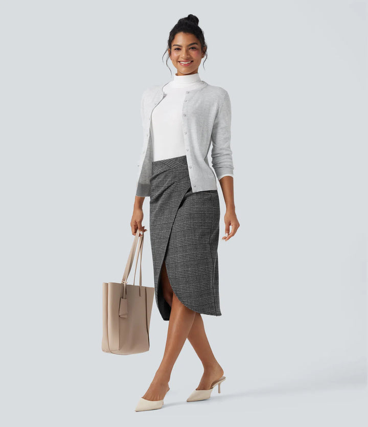 High Waisted 2-in-1 Tulip Hem Houndstooth Plaid Midi Work Skirt