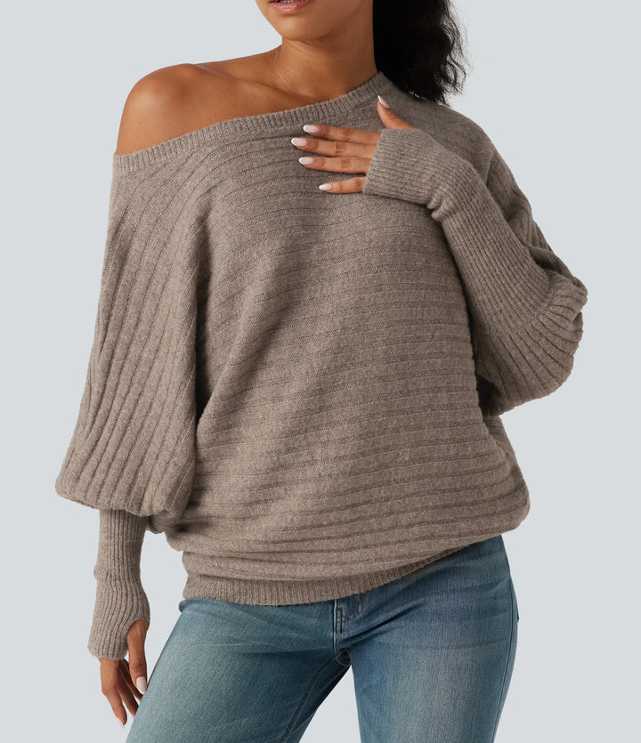 Boat Neck Batwing Long Sleeve Thumb Hole Casual Wool-Blend Sweater