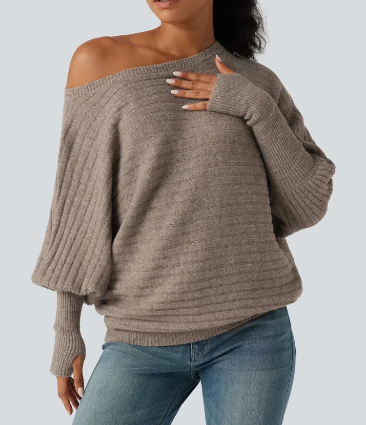 Boat Neck Batwing Long Sleeve Thumb Hole Casual Wool-Blend Sweater
