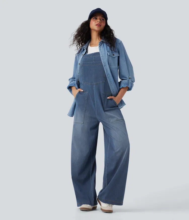 Halara Flex Square Neck Washed Denim Casual Overalls with Pockets