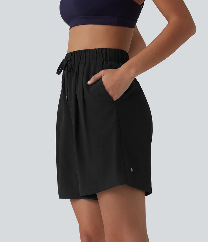 High Waisted Elastic Waistband Drawstring Pleated Yoga Shorts 7&