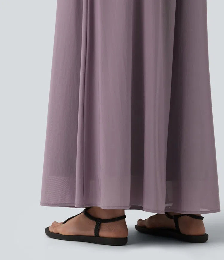 High Waisted Pocket Mesh Overlay Wide Leg Casual Pants