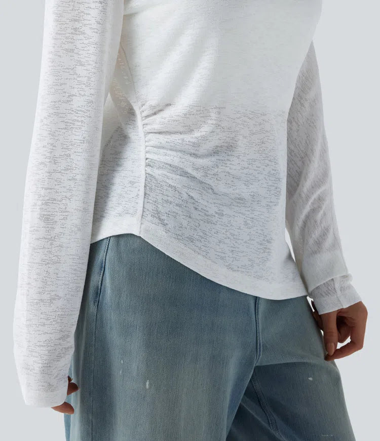 Semi Sheer One Shoulder Long Sleeve Asymmetric Hem Casual T-Shirt